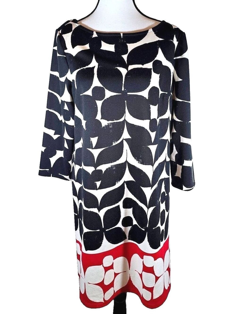 VTG 90s London Times Maggy L Black White Red Abstract Leaf Print Dress Size 14